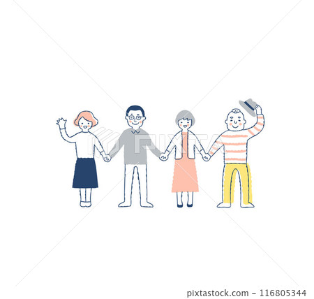 Four smiling men and women holding hands Four smiling men and women holding hands 116805344