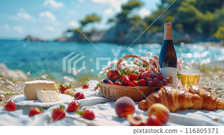 A relaxing summer picnic is set up on a beach with a bottle of wine, pastries, and fruit. The scene is bathed in sunlight, and the water is clear and inviting. 116805371