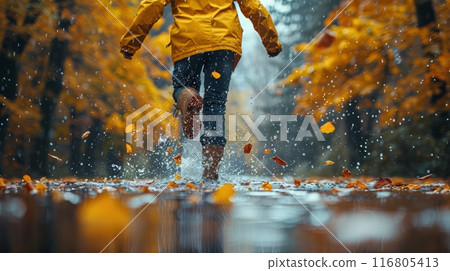 A cheerful kid in a yellow jacket and boots jumps over a puddle 116805413