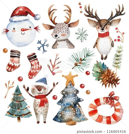 Watercolor Christmas Ornaments and Decorations Set with Pine Tree, Berries, and Baubles Watercolor Christmas Ornaments and Decorations Set with Pine Tree, Berries, and Baubles 116805416