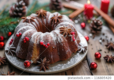 Festive Holiday Bundt Cake Decoration with Berries and Christmas Ornaments Festive Holiday Bundt Cake Decoration with Berries and Christmas Ornaments 116805420