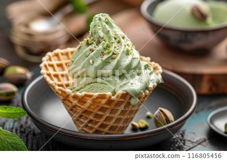 Pistachio Ice Cream Cone with Mint Garnish on Dark Background 116805456