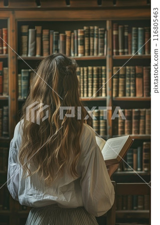 Young Woman Reading Book in Vintage Library Young Woman Reading Book in Vintage Library 116805463