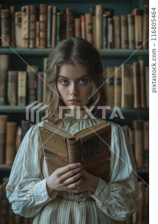 Young Woman Reading Book in Vintage Library Young Woman Reading Book in Vintage Library 116805464