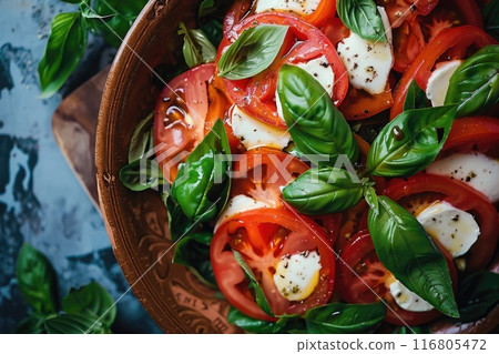 Fresh Caprese Salad with Tomatoes, Mozzarella, and Basil on Rustic Dark Table 116805472