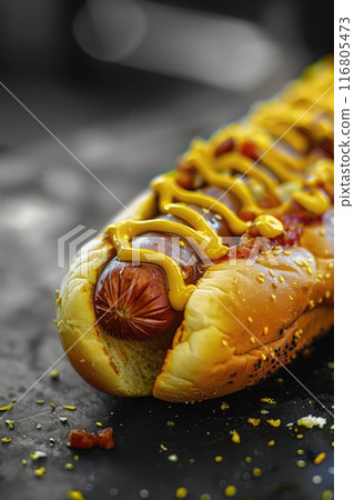 Street Food Hotdog with Mustard and Relish on Urban Night Background 116805473