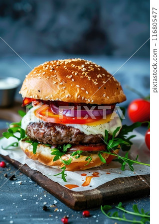 Fresh Gourmet Cheeseburger with Lettuce, Tomato, Onion, and Pickles on a Sesame Bun Fresh Gourmet Cheeseburger with Lettuce, Tomato, Onion, and Pickles on a Sesame Bun 116805477