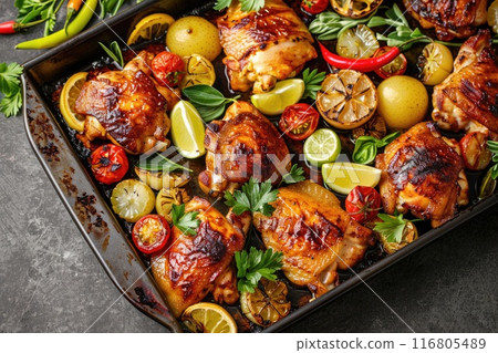 Succulent Roasted Chicken with Vegetables on Baking Tray 116805489