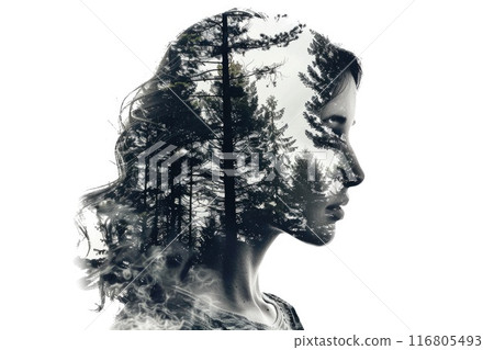 Forest Whispers: Double Exposure Portrait of Woman and Trees 116805493