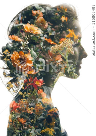 Double Exposure Portrait of Woman Blending with Vibrant Floral Elements 116805495