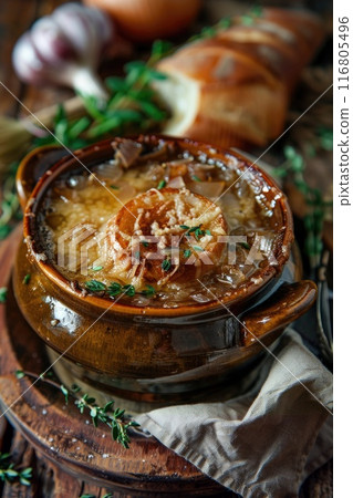 Delectable French Onion Soup in Ceramic Bowl Topped with Melted Cheese and Fresh Herbs 116805496
