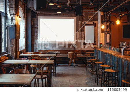Modern Rustic Bar Interior with Blank White Projector Screen Modern Rustic Bar Interior with Blank White Projector Screen 116805499