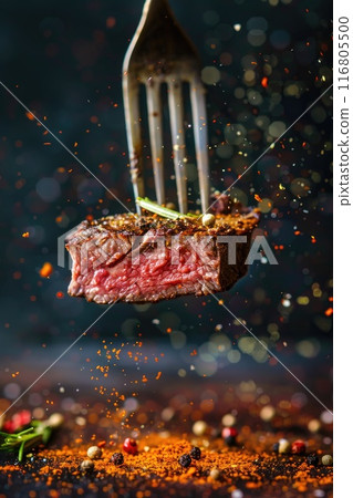 Juicy Grilled Steak on Fork with Herbs and Spices Falling Dramatically Juicy Grilled Steak on Fork with Herbs and Spices Falling Dramatically 116805500