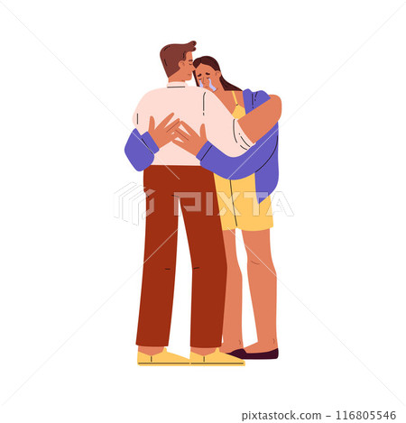 Suicide Prevention Month. Upset crying woman hugs man tightly. 116805546