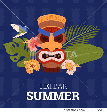 Vector poster with a Tiki tribal mask in Flat style. 116805563