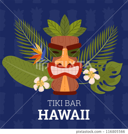Tiki mask banner with text Tiki Bar Hawaii. Tiki mask banner with text Tiki Bar Hawaii. 116805566