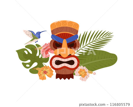 Vector illustration of a cartoon tiki totem mask decorated with greenery and flowers 116805579