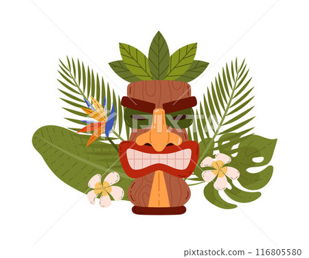 Tiki mask with palm leaves, white plumeria and strelitzia flowers. 116805580