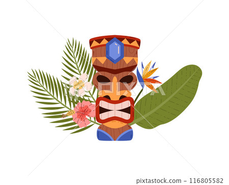 Polynesian Tiki mask decorated with tropical flora in vector illustration. Polynesian Tiki mask decorated with tropical flora in vector illustration. 116805582