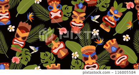 Vector seamless pattern of Tiki mask, tropical leaves, birds. 116805584