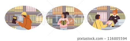 Cute girl in library or bookstore vector set, cartoon child choosing books on bookshelf, education reading in oval frame Cute girl in library or bookstore vector set, cartoon child choosing books on bookshelf, education reading in oval frame 116805594