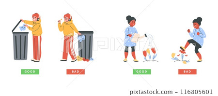 Set of teenage characters showing right and wrong actions on isolated background. Set of teenage characters showing right and wrong actions on isolated background. 116805601