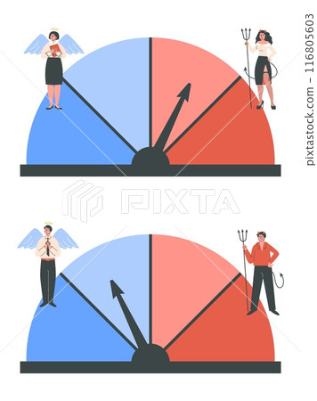 Devil and angel man and woman on balancing scale, good and bad people positive and negative thinking vector illustration 116805603