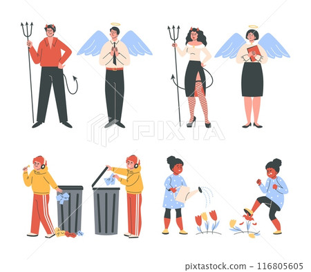 Set of characters: angels, devils and teenagers with moral actions. 116805605