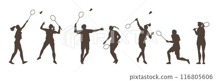 Set of black silhouettes of badminton players in action. Set of black silhouettes of badminton players in action. 116805606