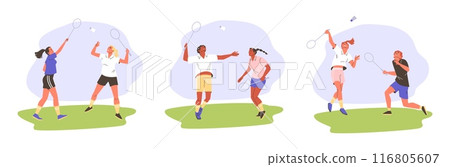 Set of people playing badminton on lawn flat style, vector illustration Set of people playing badminton on lawn flat style, vector illustration 116805607
