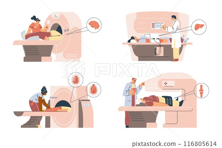 MRI scan diagnostics, medical examination patient on magnetic resonance imaging machine, radiology technology vector set 116805614