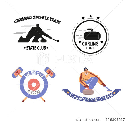 Curling club logo emblem design with inscription, vector label set with ice target, curling stone and brush sport player 116805617