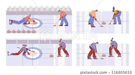 Teams playing curling sport game on ice rink vector illustrations set, cartoon players throw a stone, glides brush Teams playing curling sport game on ice rink vector illustrations set, cartoon players throw a stone, glides brush 116805618