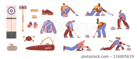 Curling sport game equipment and uniform vector cartoon set, cartoon players, curling stone and brush, ice ring, case 116805619