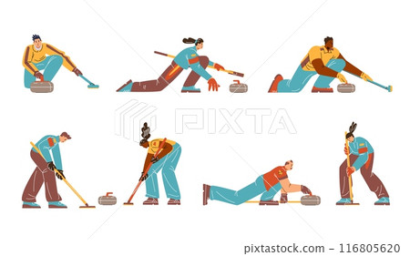 People playing curling sport game vector isolated set, cartoon players throw curling stone and glides brush 116805620