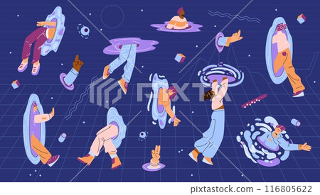 A creative set showing disparate human bodies through various openings. 116805622