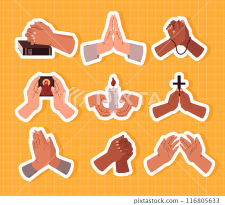 Prayer hands with icons vector set 116805633