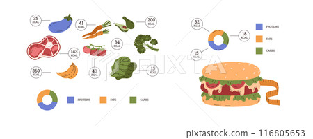 A set of infographics about healthy and unhealthy food on a white background A set of infographics about healthy and unhealthy food on a white background 116805653