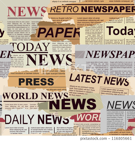 Randomly scattered scraps of old newspapers. Seamless pattern 116805661