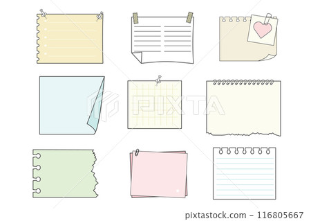 Memo sticky notes, sheet reminder, color office or school pages with tape, marks, pin, paperclip frames doodle style. Notebook bullet dairy list, funny retro drawing. 116805667