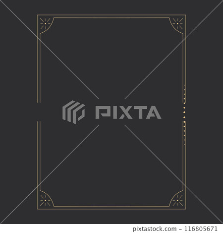 Gold celestial minimal esoteric frame, thin line border, mystyc linear decoration with dots, moon, stars corners isolated on dark background. Geometric shape, tarrot Gold celestial minimal esoteric frame, thin line border, mystyc linear decoration with dots, moon, stars corners isolated on dark background. Geometric shape, tarrot 116805671
