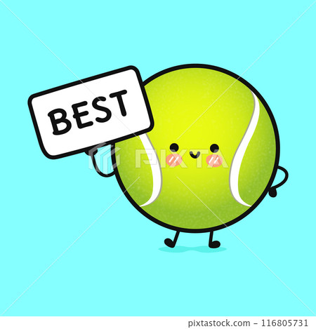 Cute Tennis ball with poster best. Vector hand drawn cartoon kawaii character illustration icon. Isolated on blue background. Tennis ball think concept Cute Tennis ball with poster best. Vector hand drawn cartoon kawaii character illustration icon. Isolated on blue background. Tennis ball think concept 116805731