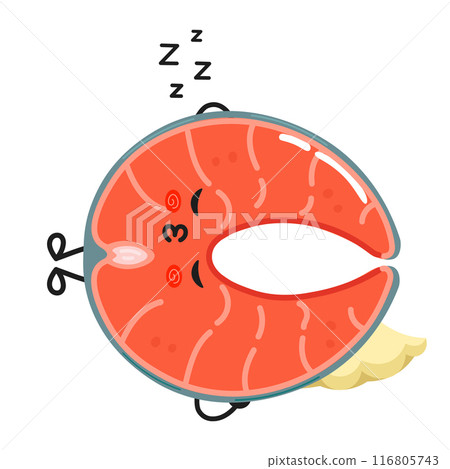 Red fish salmon sleeping character. Vector hand drawn cartoon kawaii character illustration icon. Isolated on white background. Red fish salmon sleep character concept Red fish salmon sleeping character. Vector hand drawn cartoon kawaii character illustration icon. Isolated on white background. Red fish salmon sleep character concept 116805743