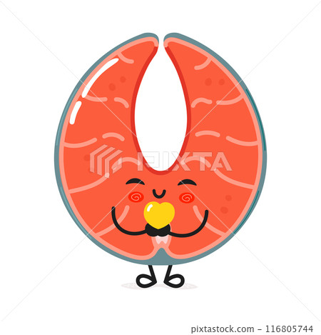 Red fish salmon holding a heart in hands character. Vector hand drawn cartoon kawaii character illustration icon. Isolated on white background. Red fish salmon in love character concept Red fish salmon holding a heart in hands character. Vector hand drawn cartoon kawaii character illustration icon. Isolated on white background. Red fish salmon in love character concept 116805744