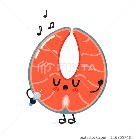 Red fish salmon sings into a microphone character. Vector hand drawn cartoon kawaii character illustration icon. Isolated on white background. Red fish salmon character concept 116805748