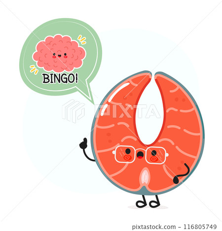Red fish salmon with speech bubble and brain character. Vector hand drawn cartoon kawaii character illustration. Isolated white background. Red fish salmon poster and brain 116805749