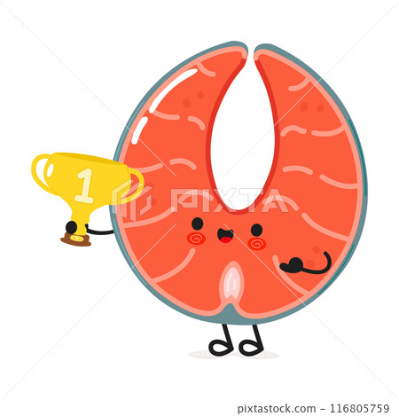 Cute funny Red fish salmon hold gold trophy cup. Vector hand drawn cartoon kawaii character illustration icon. Isolated on white background. Red fish salmon with winner trophy cup Cute funny Red fish salmon hold gold trophy cup. Vector hand drawn cartoon kawaii character illustration icon. Isolated on white background. Red fish salmon with winner trophy cup 116805759