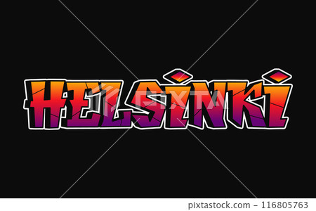Helsinki city - single word, letters graffiti style. Vector hand drawn logo. Funny cool trippy word Helsinki, fashion, graffiti style print t-shirt, poster concept 116805763