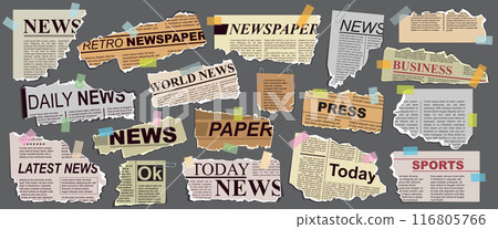Scraps of old newspaper headlines taped to the board with tape and paper clips Scraps of old newspaper headlines taped to the board with tape and paper clips 116805766