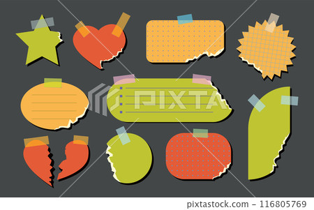 Set of torn color paper, notebook sheets and sticky notes attached with scotch tape. Ready for your message 116805769